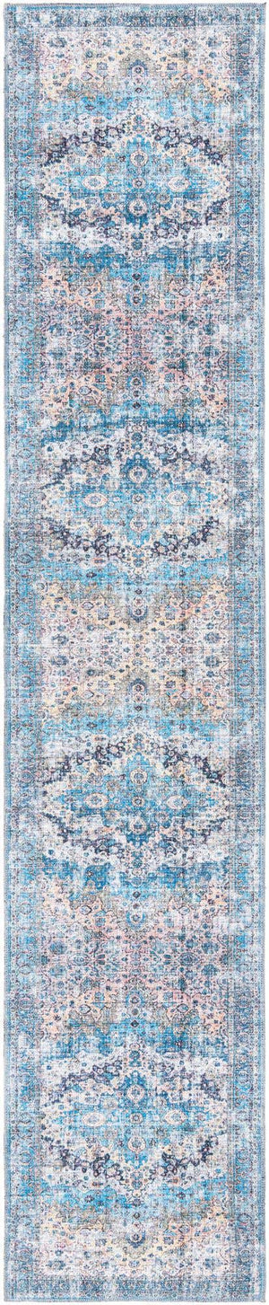 Washable Blue 2' 7 x 13' Mangata Runner Area Rug Easy to Clean Stain Resistant & Durable Chenille Traditional Vintage Distressed Carpet for Sale at Rug Engine