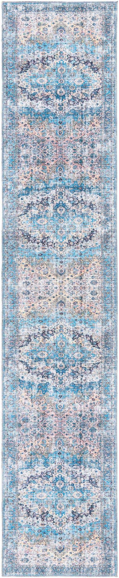 Washable Blue 2' 7 x 13' Mangata Runner Area Rug Easy to Clean Stain Resistant & Durable Chenille Traditional Vintage Distressed Carpet for Sale at Rug Engine