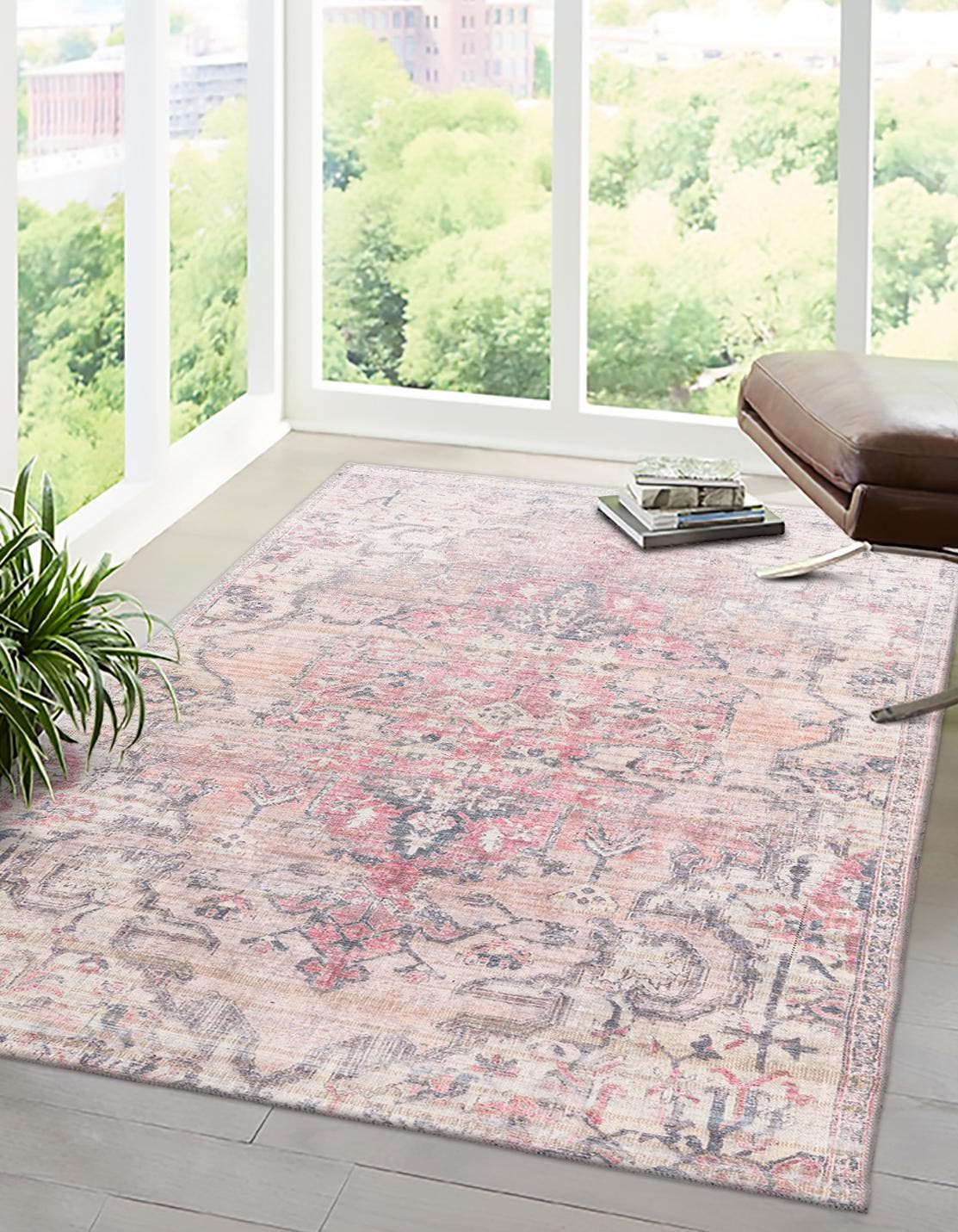 Washable Beige pink 4' 1 x 6' 1 Nostalgia Rectangle Area Rug Easy to Clean Stain Resistant & Durable Polyester Chenille Vintage Distressed Carpet for Sale at Rug Engine