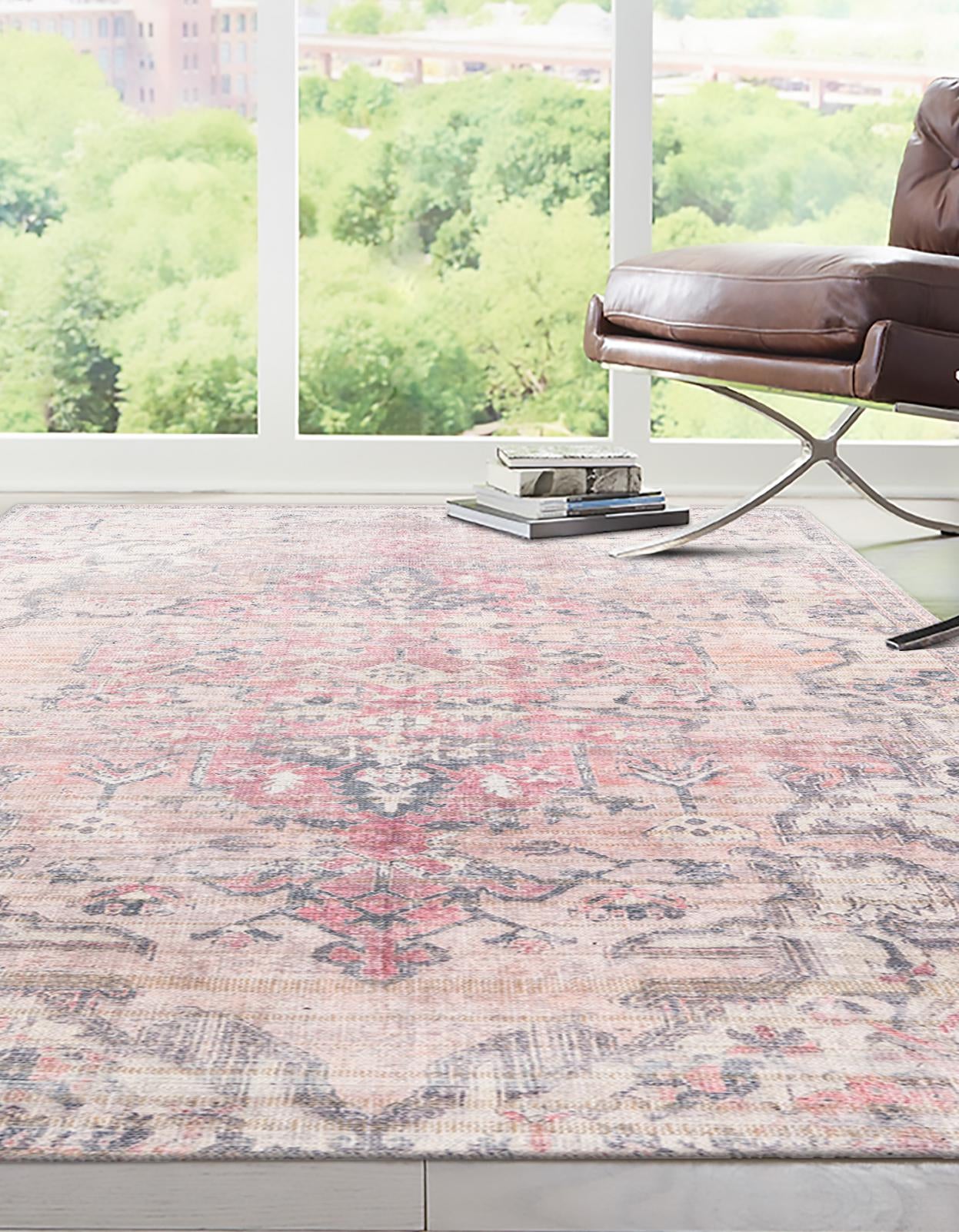 Washable Beige pink 2' x 3' 1 Nostalgia Rectangle Area Rug Easy to Clean Stain Resistant & Durable Polyester Chenille Vintage Distressed Carpet for Sale at Rug Engine
