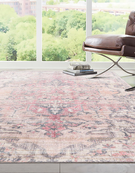 Washable Beige pink 2' x 3' 1 Nostalgia Rectangle Area Rug Easy to Clean Stain Resistant & Durable Polyester Chenille Vintage Distressed Carpet for Sale at Rug Engine