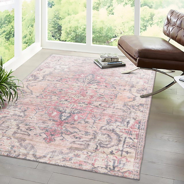 Washable Beige pink 5' 3 x 8' Nostalgia Rectangle Area Rug Easy to Clean Stain Resistant & Durable Polyester Chenille Vintage Distressed Carpet for Sale at Rug Engine