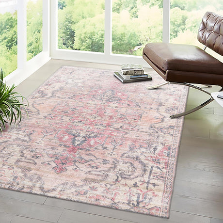 Washable Beige pink 7' 10 x 10' Nostalgia Rectangle Area Rug Easy to Clean Stain Resistant & Durable Polyester Chenille Vintage Distressed Carpet for Sale at Rug Engine