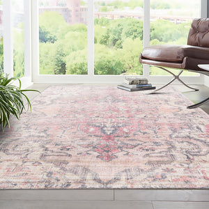 Washable Beige pink 7' 10 x 10' Nostalgia Rectangle Area Rug Easy to Clean Stain Resistant & Durable Polyester Chenille Vintage Distressed Carpet for Sale at Rug Engine