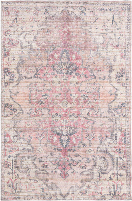 Washable Beige pink 5' 3 x 8' Nostalgia Rectangle Area Rug Easy to Clean Stain Resistant & Durable Polyester Chenille Vintage Distressed Carpet for Sale at Rug Engine
