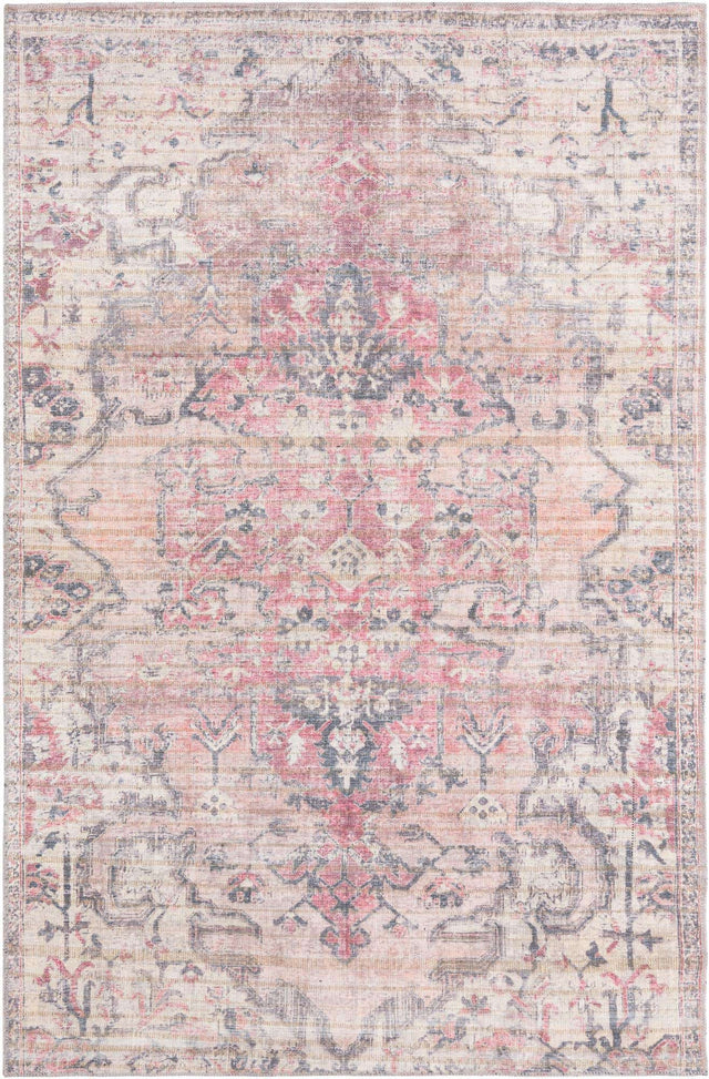 Washable Beige pink 5' 3 x 8' Nostalgia Rectangle Area Rug Easy to Clean Stain Resistant & Durable Polyester Chenille Vintage Distressed Carpet for Sale at Rug Engine