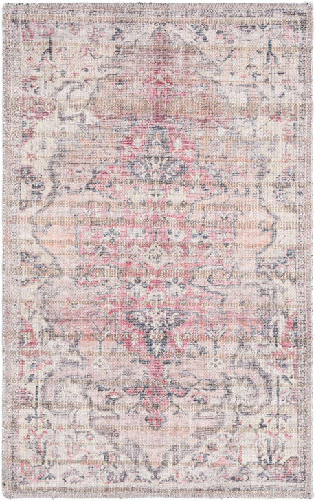 Washable Beige pink 2' x 3' 1 Nostalgia Rectangle Area Rug Easy to Clean Stain Resistant & Durable Polyester Chenille Vintage Distressed Carpet for Sale at Rug Engine