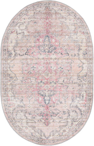 Washable Beige pink 4' 1 x 6' 1 Nostalgia Oval Area Rug Easy to Clean Stain Resistant & Durable Polyester Chenille Vintage Distressed Carpet for Sale at Rug Engine