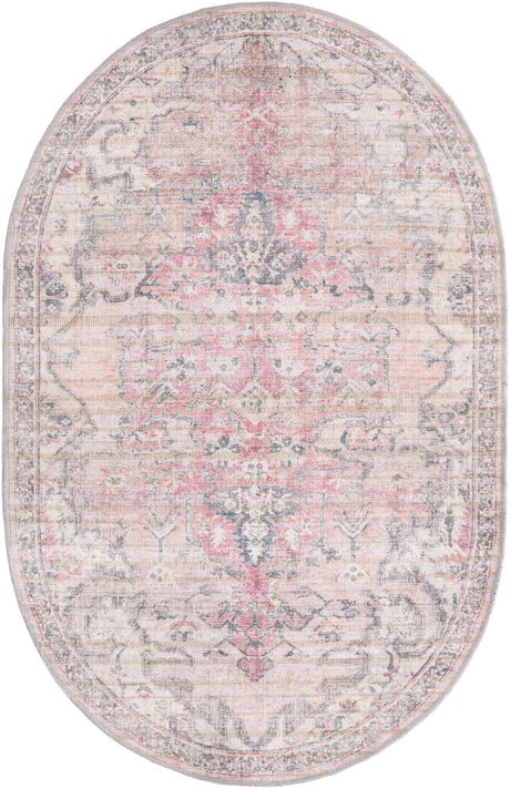 Washable Beige pink 4' 1 x 6' 1 Nostalgia Oval Area Rug Easy to Clean Stain Resistant & Durable Polyester Chenille Vintage Distressed Carpet for Sale at Rug Engine