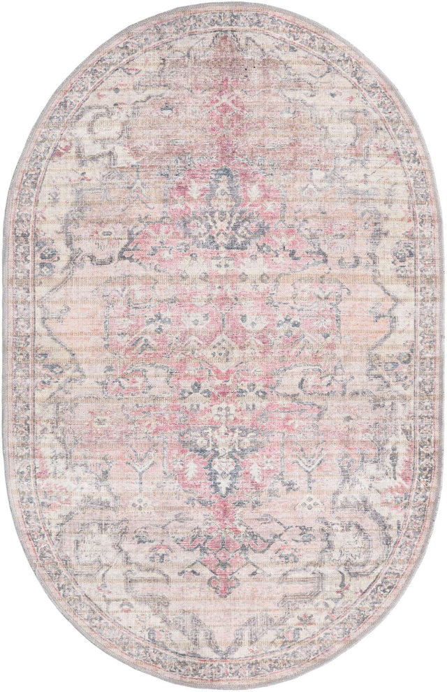 Washable Beige pink 4' 1 x 6' 1 Nostalgia Oval Area Rug Easy to Clean Stain Resistant & Durable Polyester Chenille Vintage Distressed Carpet for Sale at Rug Engine