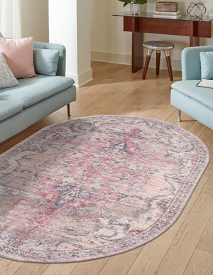 Washable Beige pink 5' 3 x 8' Nostalgia Oval Area Rug Easy to Clean Stain Resistant & Durable Polyester Chenille Vintage Distressed Carpet for Sale at Rug Engine