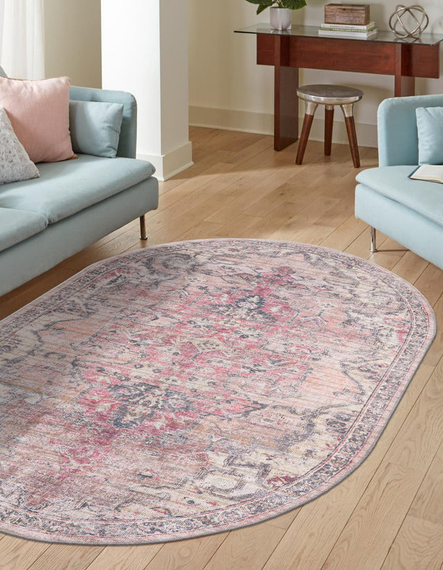 Washable Beige pink 5' 3 x 8' Nostalgia Oval Area Rug Easy to Clean Stain Resistant & Durable Polyester Chenille Vintage Distressed Carpet for Sale at Rug Engine
