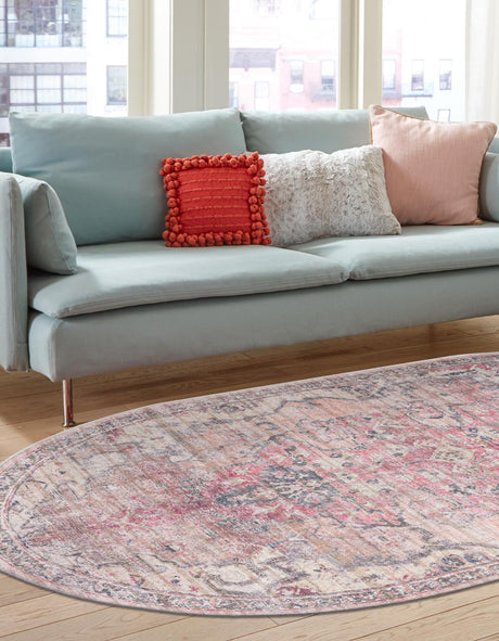 Washable Beige pink 7' 10 x 10' Nostalgia Oval Area Rug Easy to Clean Stain Resistant & Durable Polyester Chenille Vintage Distressed Carpet for Sale at Rug Engine