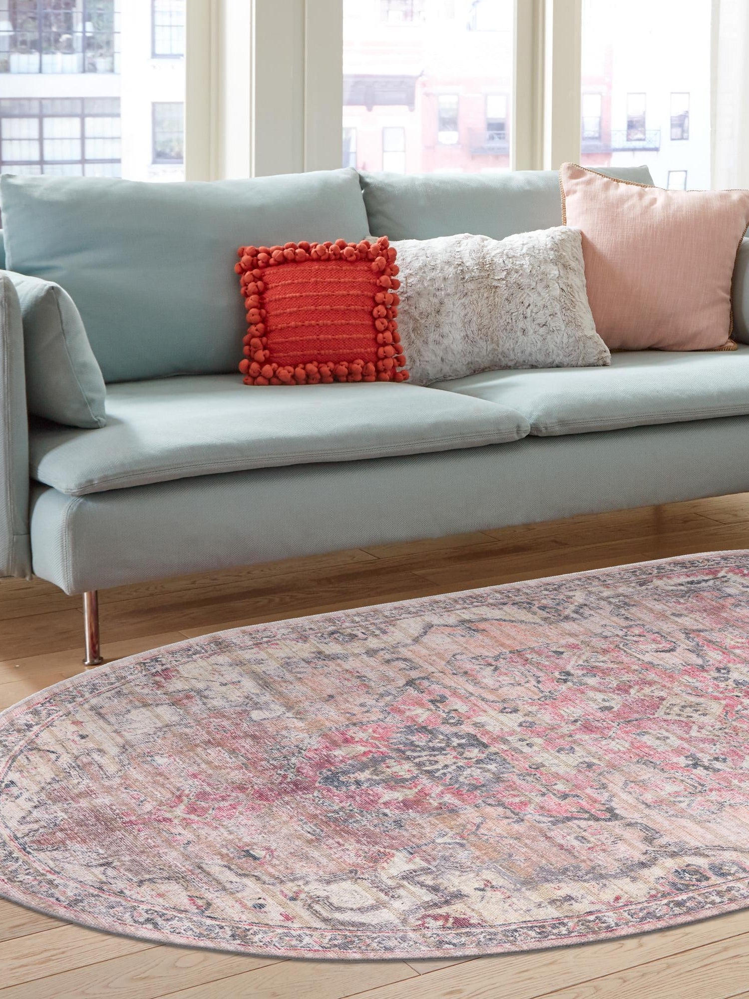 Washable Beige pink 5' 3 x 8' Nostalgia Oval Area Rug Easy to Clean Stain Resistant & Durable Polyester Chenille Vintage Distressed Carpet for Sale at Rug Engine