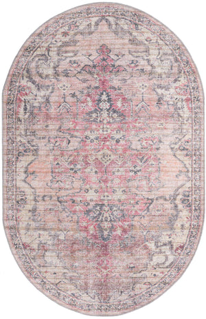 Washable Beige pink 5' 3 x 8' Nostalgia Oval Area Rug Easy to Clean Stain Resistant & Durable Polyester Chenille Vintage Distressed Carpet for Sale at Rug Engine