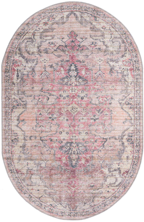 Washable Beige pink 5' 3 x 8' Nostalgia Oval Area Rug Easy to Clean Stain Resistant & Durable Polyester Chenille Vintage Distressed Carpet for Sale at Rug Engine