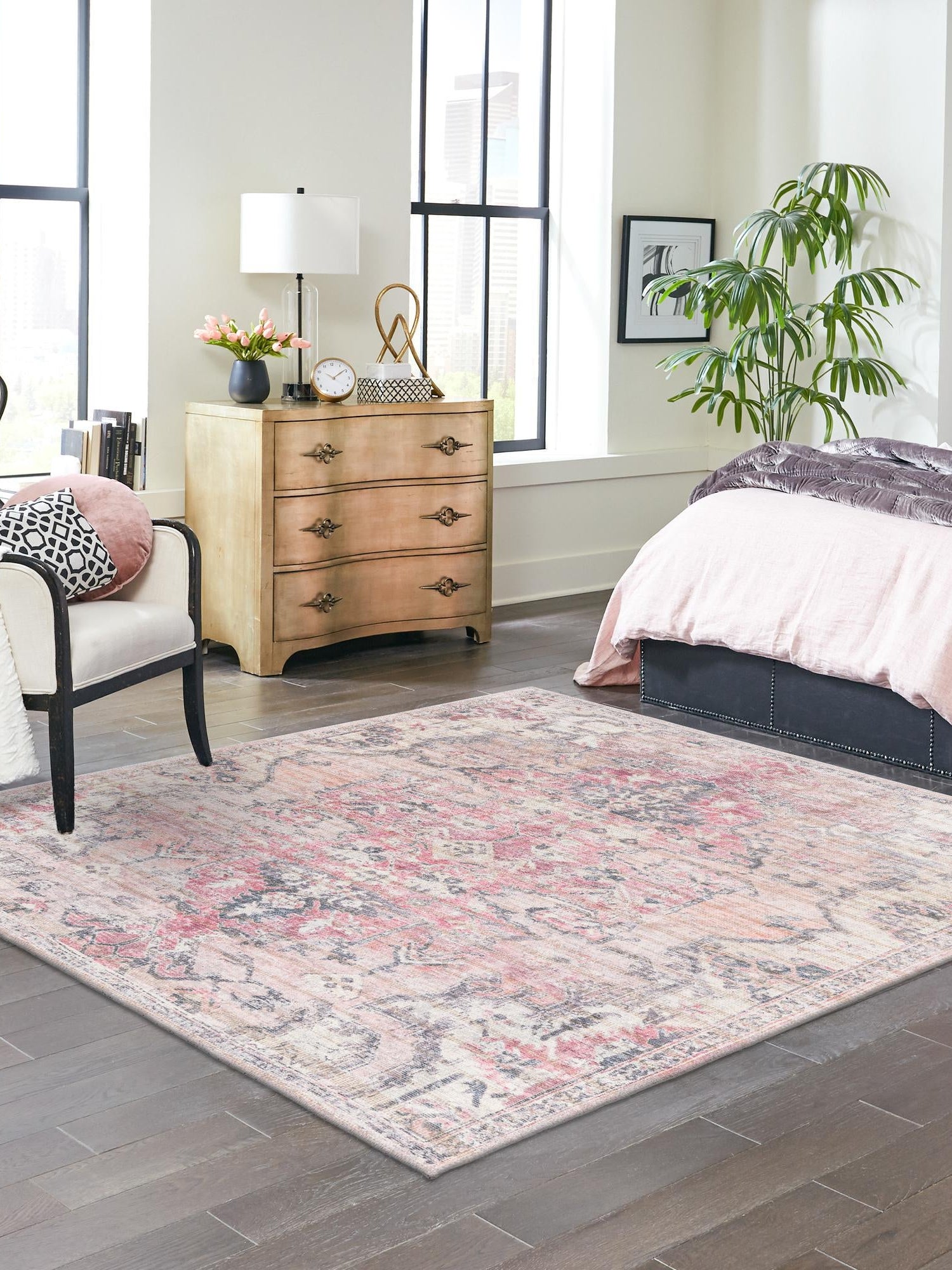 Washable Beige pink 7' 10 x 7' 10 Nostalgia Square Area Rug Easy to Clean Stain Resistant & Durable Polyester Chenille Vintage Distressed Carpet for Sale at Rug Engine