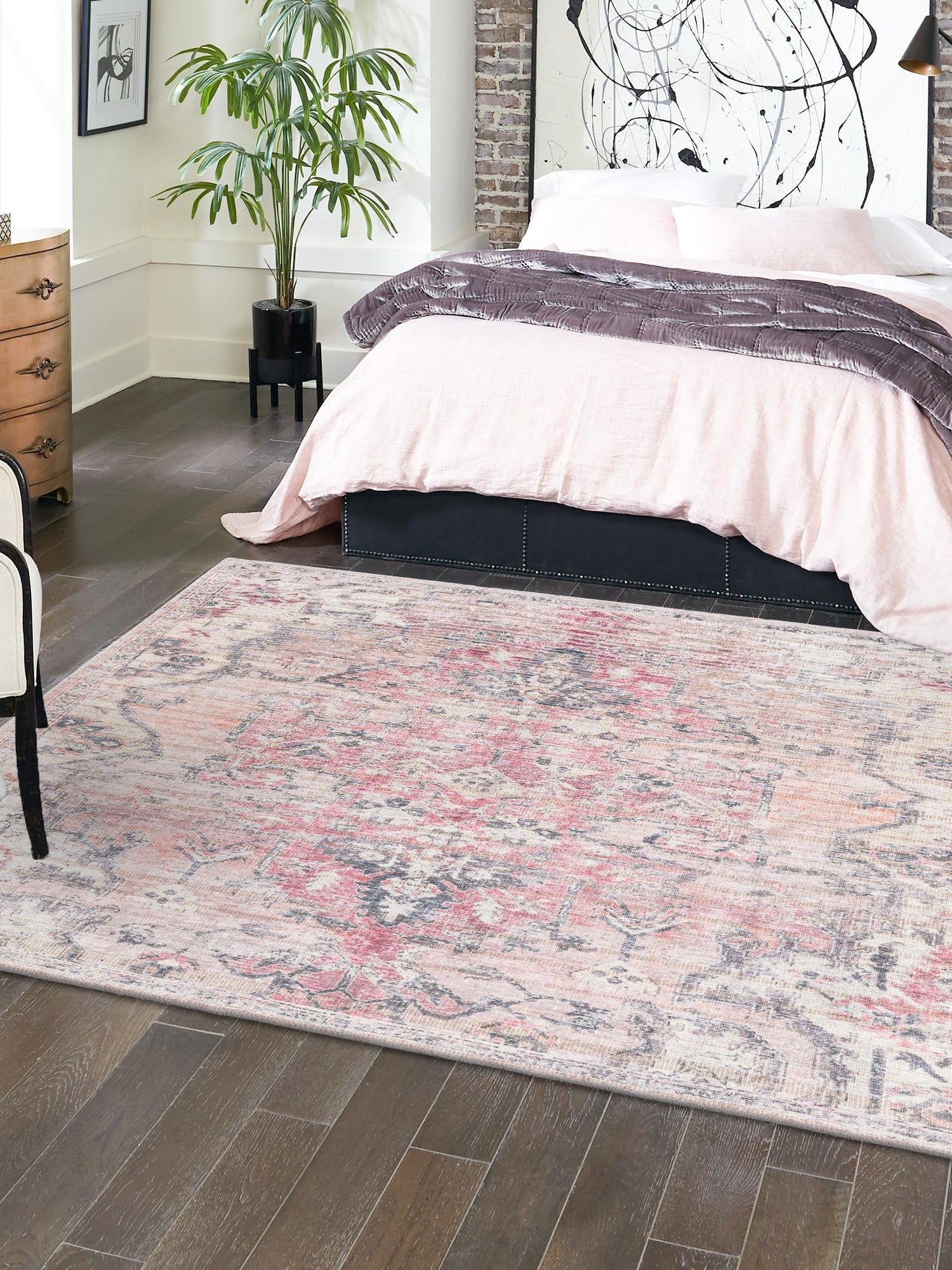 Washable Beige pink 7' 10 x 7' 10 Nostalgia Square Area Rug Easy to Clean Stain Resistant & Durable Polyester Chenille Vintage Distressed Carpet for Sale at Rug Engine