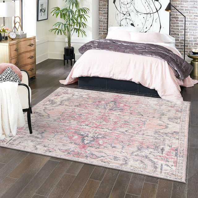 Washable Beige pink 7' 10 x 7' 10 Nostalgia Square Area Rug Easy to Clean Stain Resistant & Durable Polyester Chenille Vintage Distressed Carpet for Sale at Rug Engine