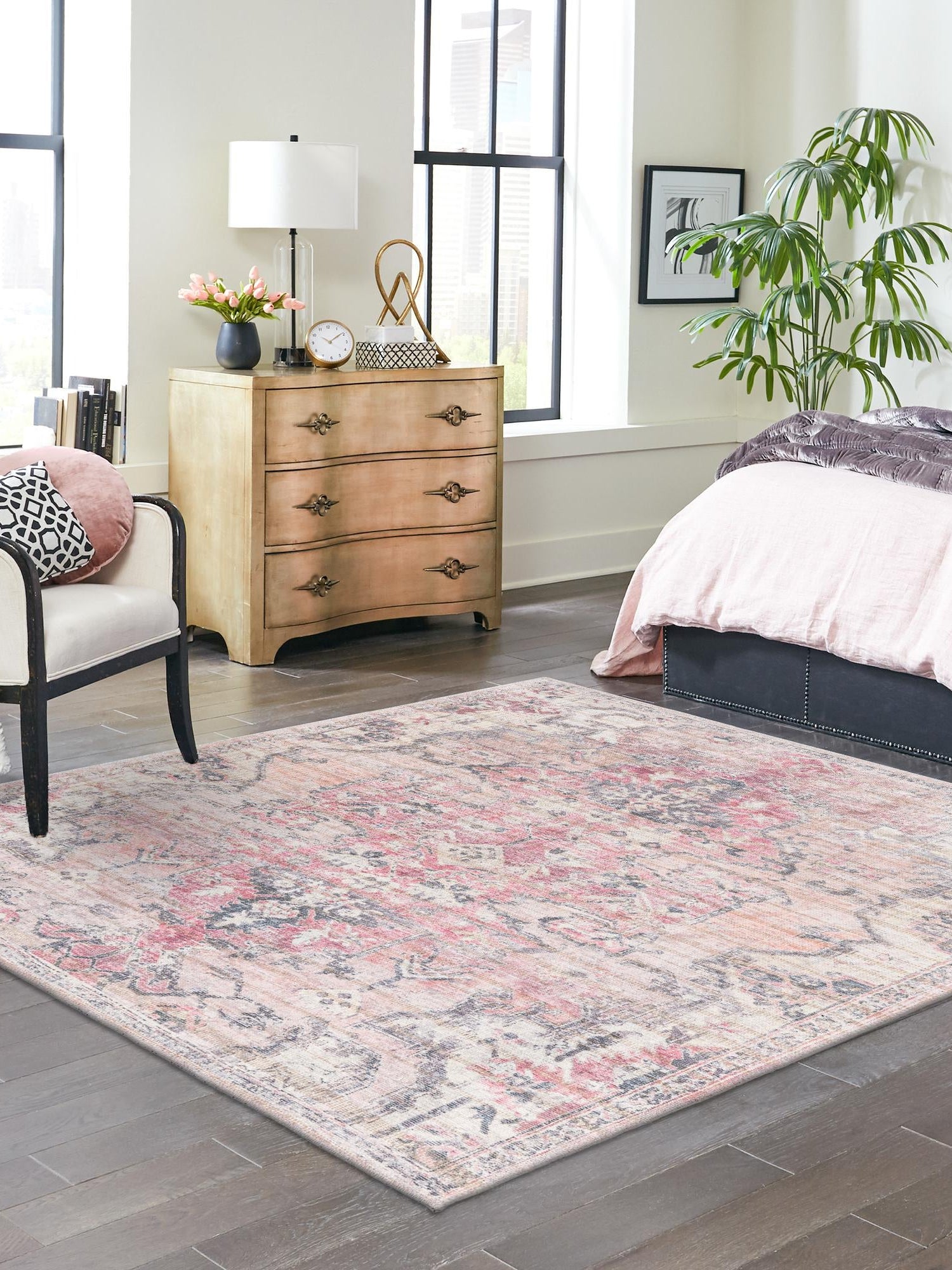 Washable Beige pink 7' 10 x 7' 10 Nostalgia Square Area Rug Easy to Clean Stain Resistant & Durable Polyester Chenille Vintage Distressed Carpet for Sale at Rug Engine