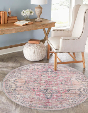 Washable Beige pink 5' 3 x 5' 3 Nostalgia Round Area Rug Easy to Clean Stain Resistant & Durable Polyester Chenille Vintage Distressed Carpet for Sale at Rug Engine