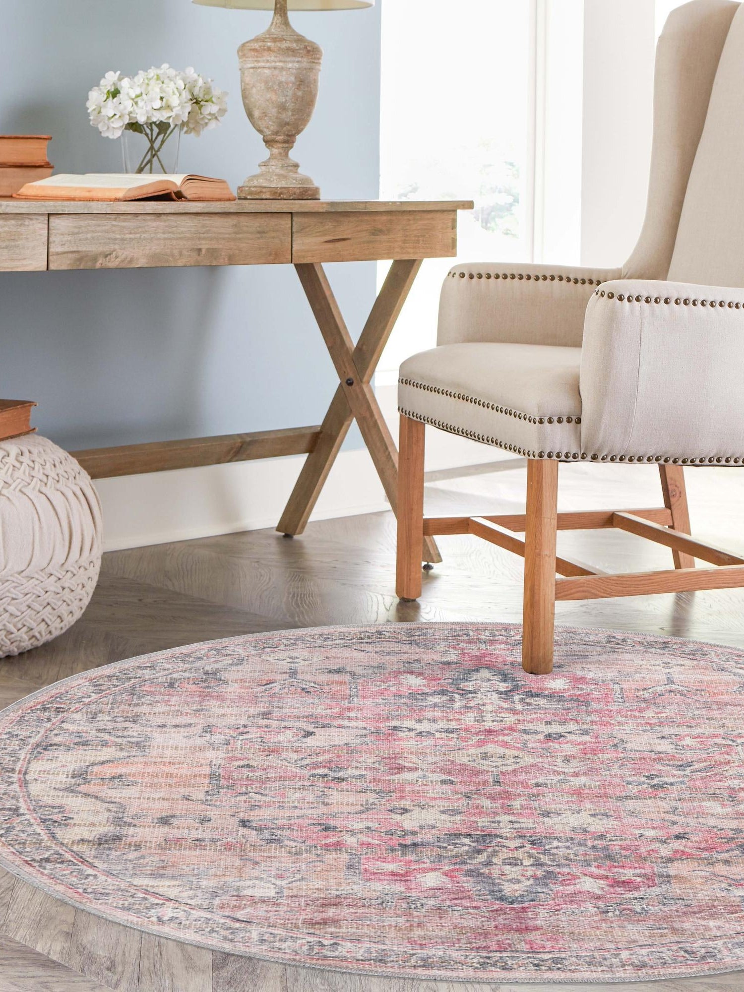 Washable Beige pink 7' 10 x 7' 10 Nostalgia Round Area Rug Easy to Clean Stain Resistant & Durable Polyester Chenille Vintage Distressed Carpet for Sale at Rug Engine