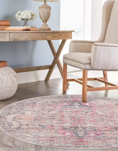 Washable Beige pink 6' 1 x 6' 1 Nostalgia Round Area Rug Easy to Clean Stain Resistant & Durable Polyester Chenille Vintage Distressed Carpet for Sale at Rug Engine