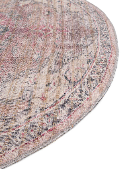 Washable Beige pink 5' 3 x 5' 3 Nostalgia Round Area Rug Easy to Clean Stain Resistant & Durable Polyester Chenille Vintage Distressed Carpet for Sale at Rug Engine