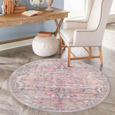 Washable Beige pink 4' 1 x 4' 1 Nostalgia Round Area Rug Easy to Clean Stain Resistant & Durable Polyester Chenille Vintage Distressed Carpet for Sale at Rug Engine