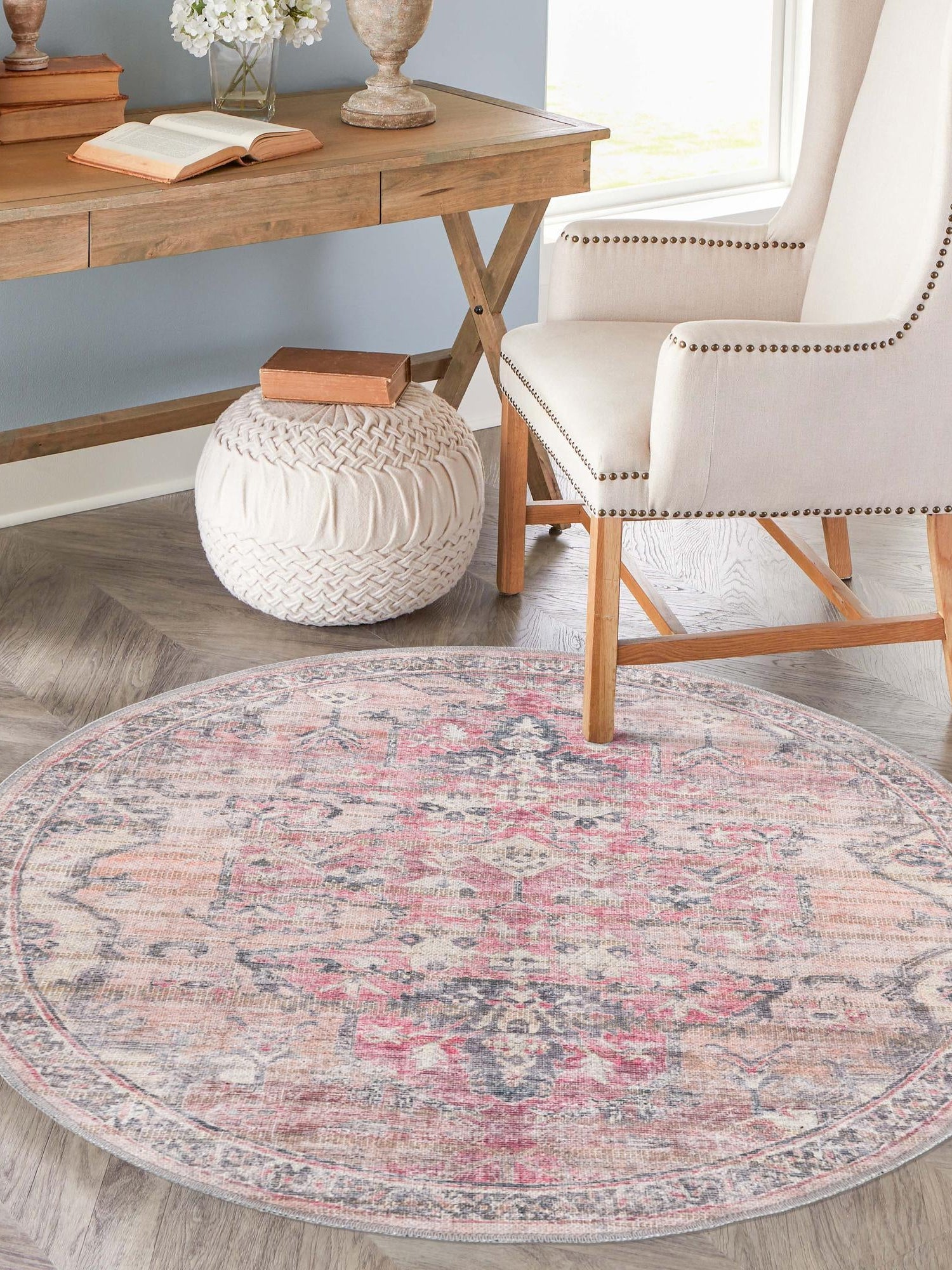 Washable Beige pink 7' 10 x 7' 10 Nostalgia Round Area Rug Easy to Clean Stain Resistant & Durable Polyester Chenille Vintage Distressed Carpet for Sale at Rug Engine