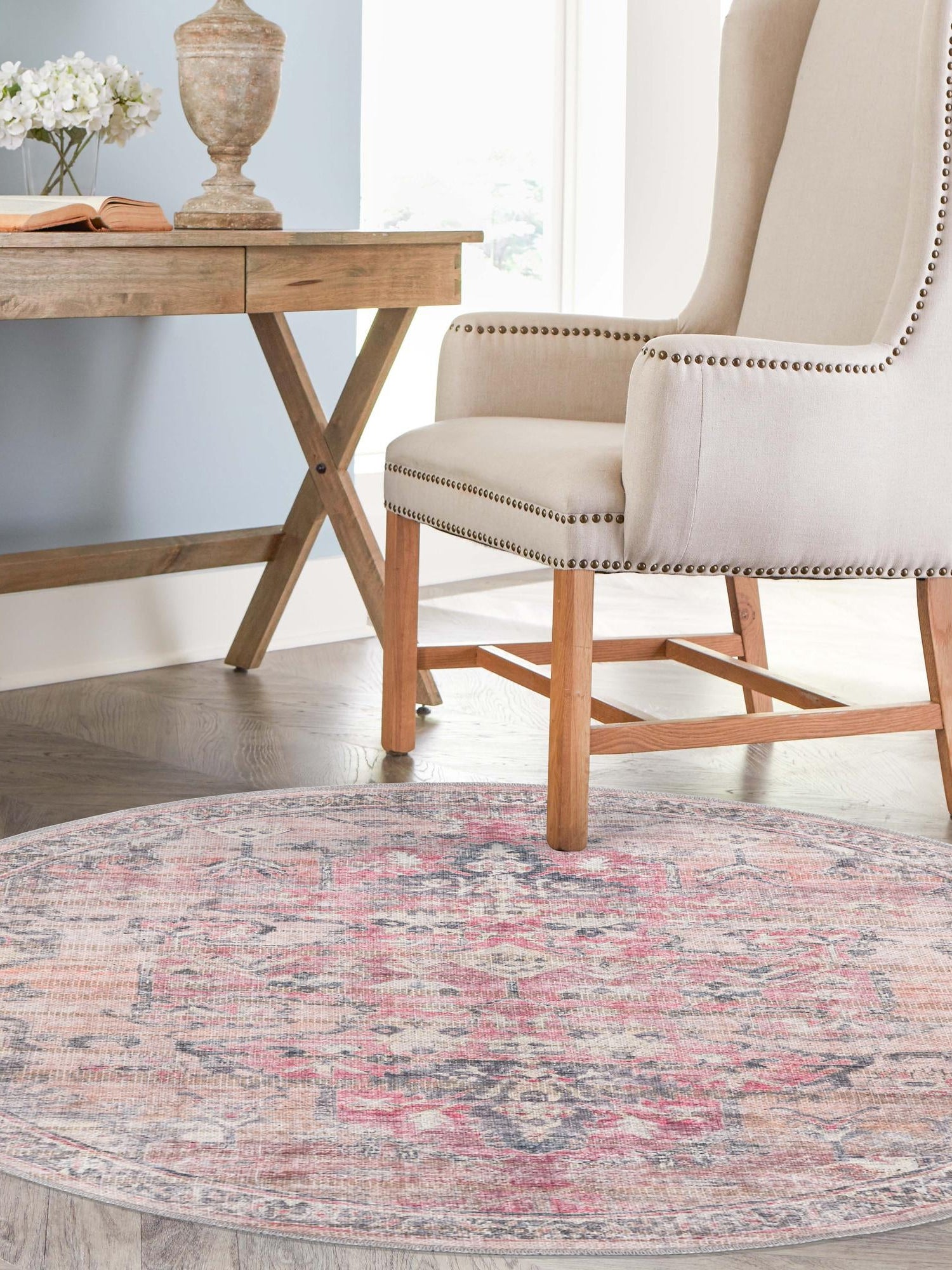 Washable Beige pink 3' 3 x 3' 3 Nostalgia Round Area Rug Easy to Clean Stain Resistant & Durable Polyester Chenille Vintage Distressed Carpet for Sale at Rug Engine