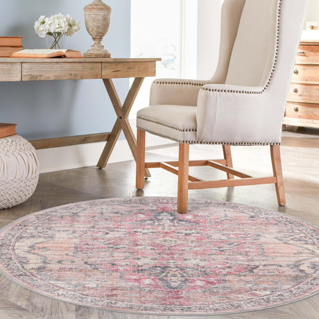 Washable Beige pink 3' 3 x 3' 3 Nostalgia Round Area Rug Easy to Clean Stain Resistant & Durable Polyester Chenille Vintage Distressed Carpet for Sale at Rug Engine
