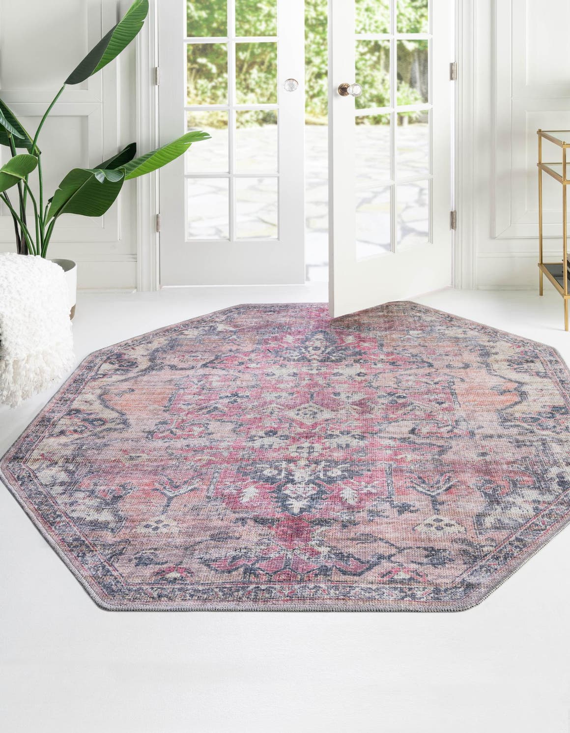 Washable Beige pink 5' 3 x 5' 3 Nostalgia Octagon Area Rug Easy to Clean Stain Resistant & Durable Polyester Chenille Vintage Distressed Carpet for Sale at Rug Engine