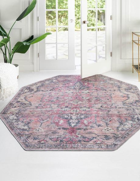 Washable Beige pink 5' 3 x 5' 3 Nostalgia Octagon Area Rug Easy to Clean Stain Resistant & Durable Polyester Chenille Vintage Distressed Carpet for Sale at Rug Engine