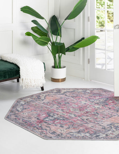 Washable Beige pink 7' 10 x 7' 10 Nostalgia Octagon Area Rug Easy to Clean Stain Resistant & Durable Polyester Chenille Vintage Distressed Carpet for Sale at Rug Engine