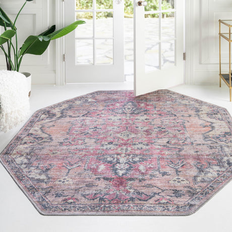 Washable Beige pink 7' 10 x 7' 10 Nostalgia Octagon Area Rug Easy to Clean Stain Resistant & Durable Polyester Chenille Vintage Distressed Carpet for Sale at Rug Engine
