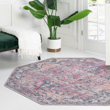 Washable Beige pink 7' 10 x 7' 10 Nostalgia Octagon Area Rug Easy to Clean Stain Resistant & Durable Polyester Chenille Vintage Distressed Carpet for Sale at Rug Engine
