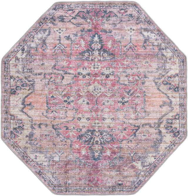 Washable Beige pink 5' 3 x 5' 3 Nostalgia Octagon Area Rug Easy to Clean Stain Resistant & Durable Polyester Chenille Vintage Distressed Carpet for Sale at Rug Engine