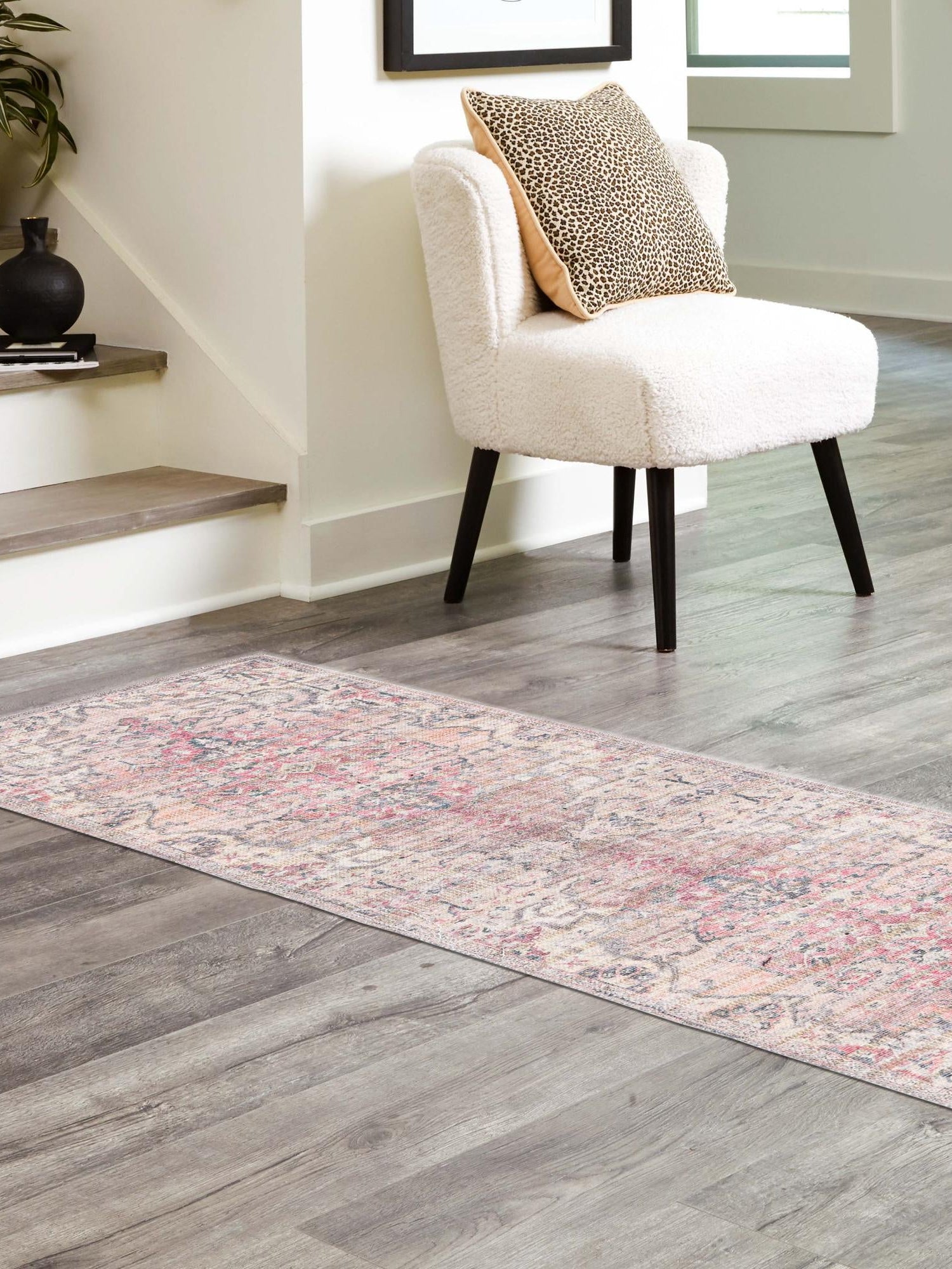 Washable Beige pink 2' x 5' 1 Nostalgia Runner Area Rug Easy to Clean Stain Resistant & Durable Polyester Chenille Vintage Distressed Carpet for Sale at Rug Engine