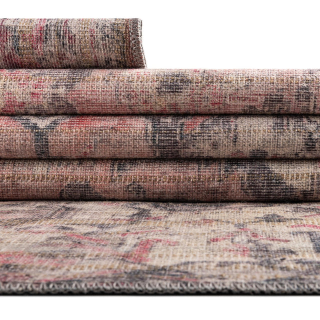 Washable Beige pink 2' x 5' 1 Nostalgia Runner Area Rug Easy to Clean Stain Resistant & Durable Polyester Chenille Vintage Distressed Carpet for Sale at Rug Engine