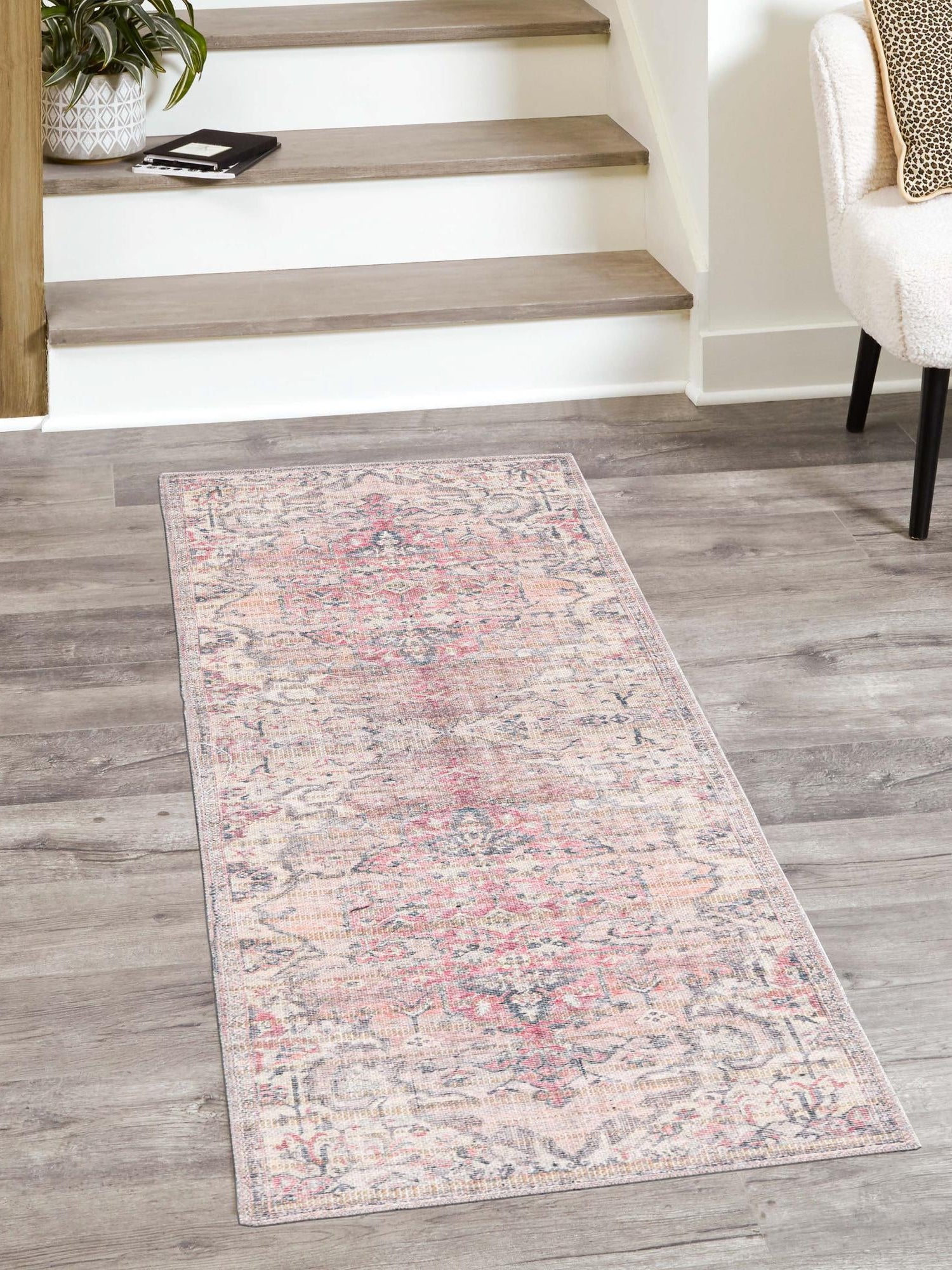 Washable Beige pink 2' x 5' 1 Nostalgia Runner Area Rug Easy to Clean Stain Resistant & Durable Polyester Chenille Vintage Distressed Carpet for Sale at Rug Engine