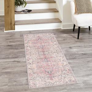 Washable Beige pink 2' x 5' 1 Nostalgia Runner Area Rug Easy to Clean Stain Resistant & Durable Polyester Chenille Vintage Distressed Carpet for Sale at Rug Engine