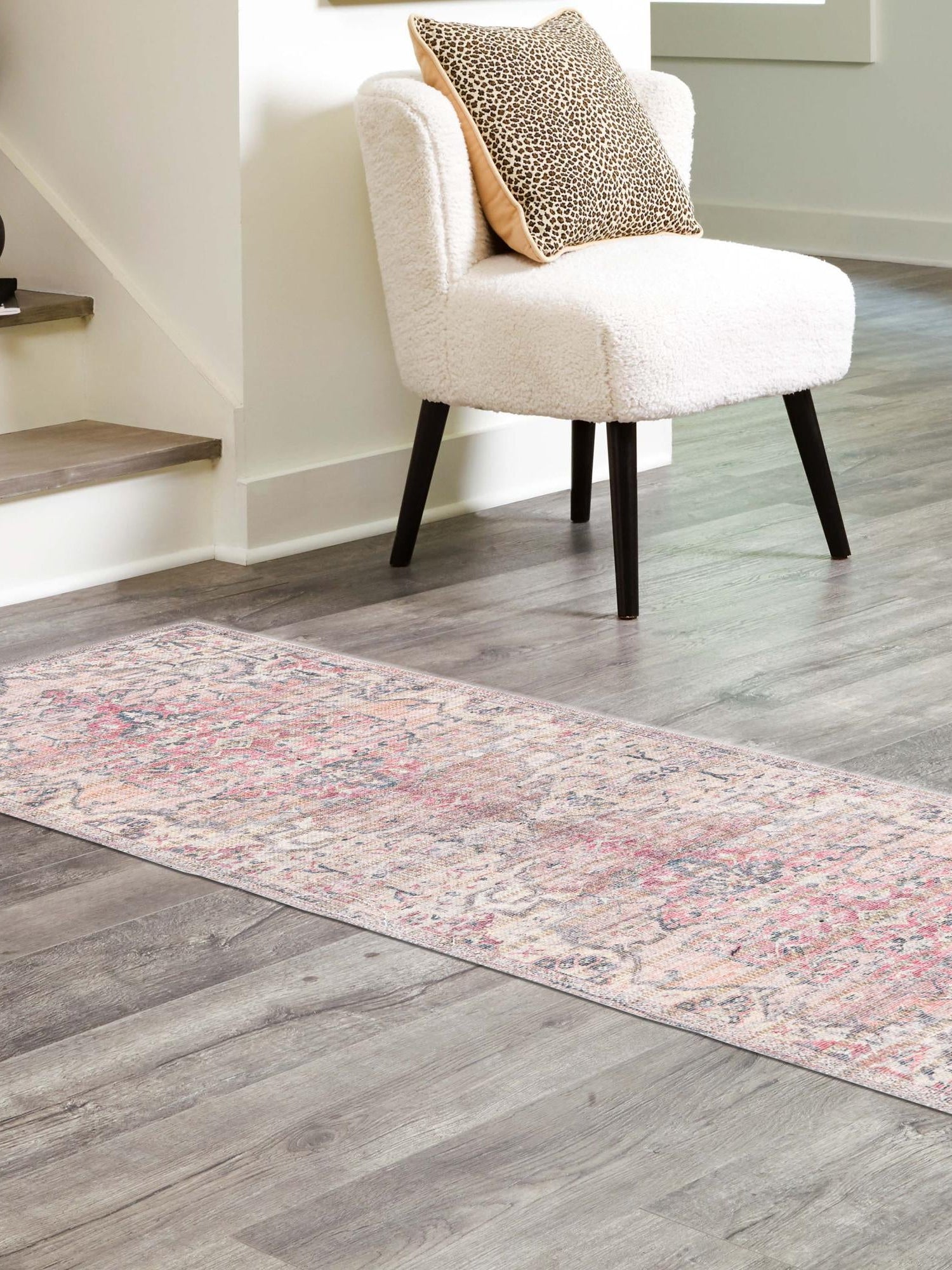 Washable Beige pink 2' x 5' 1 Nostalgia Runner Area Rug Easy to Clean Stain Resistant & Durable Polyester Chenille Vintage Distressed Carpet for Sale at Rug Engine