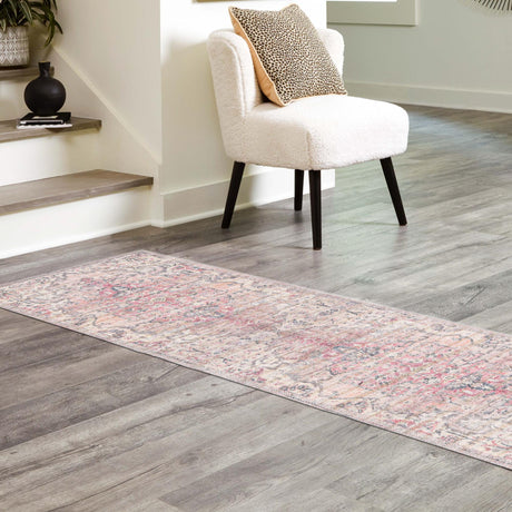Washable Beige pink 2' x 5' 1 Nostalgia Runner Area Rug Easy to Clean Stain Resistant & Durable Polyester Chenille Vintage Distressed Carpet for Sale at Rug Engine