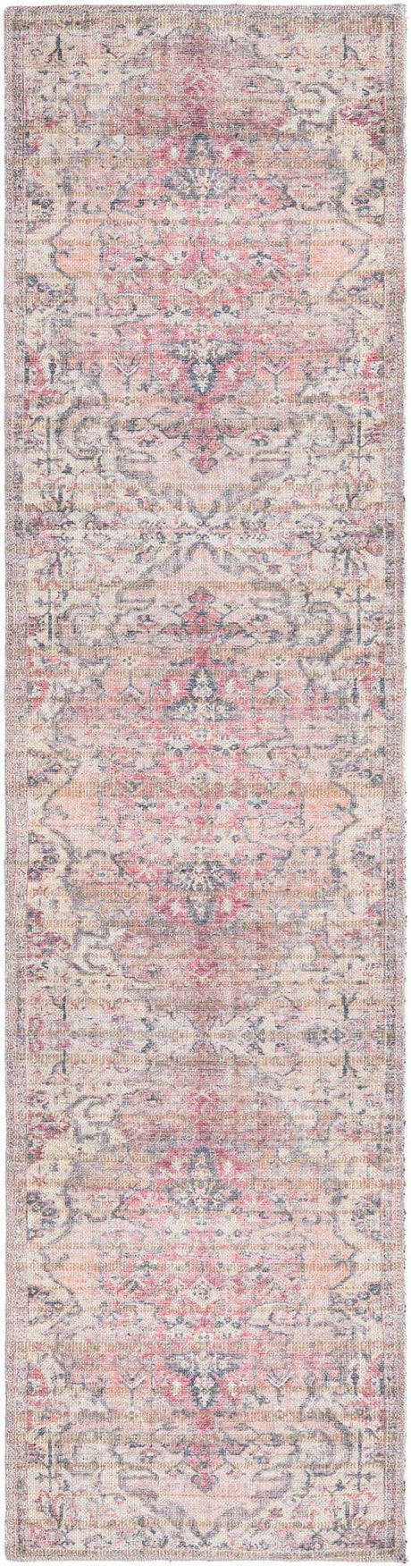 Washable Beige pink 2' x 8' Nostalgia Runner Area Rug Easy to Clean Stain Resistant & Durable Polyester Chenille Vintage Distressed Carpet for Sale at Rug Engine