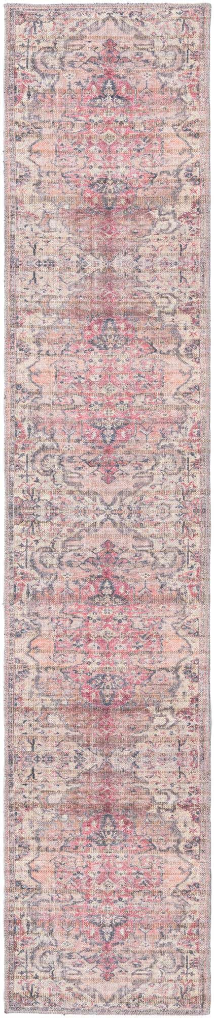 Washable Beige pink 2' x 10' Nostalgia Runner Area Rug Easy to Clean Stain Resistant & Durable Polyester Chenille Vintage Distressed Carpet for Sale at Rug Engine
