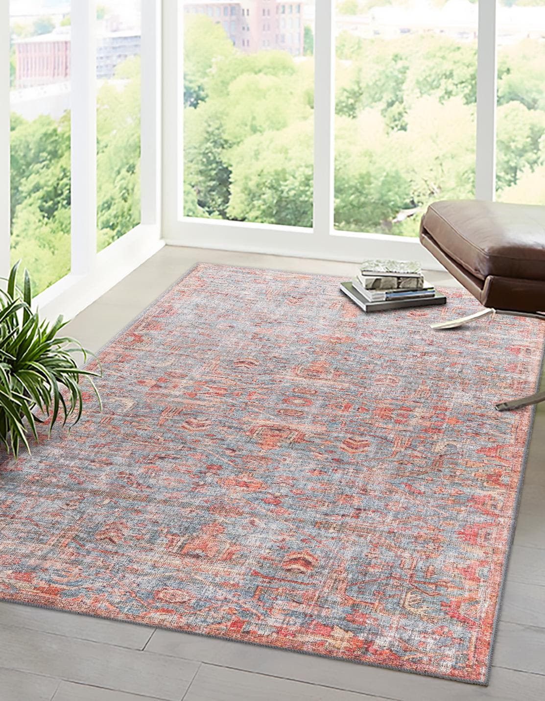 Washable Antique Blue 7' 3 x 10' Nostalgia Washable Rectangle Area Rug Easy to Clean Stain Resistant & Durable Polyester Chenille Vintage Distressed Carpet for Sale at Rug Engine