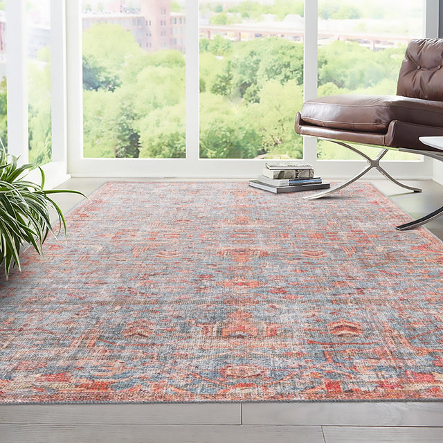 Washable Antique Blue 7' 3 x 10' Nostalgia Washable Rectangle Area Rug Easy to Clean Stain Resistant & Durable Polyester Chenille Vintage Distressed Carpet for Sale at Rug Engine