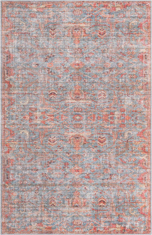 Washable Antique Blue 5' 3 x 8' Nostalgia Washable Rectangle Area Rug Easy to Clean Stain Resistant & Durable Polyester Chenille Vintage Distressed Carpet for Sale at Rug Engine
