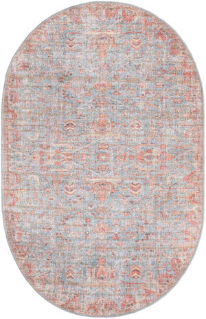 Washable Antique Blue 3' 11 x 6' Nostalgia Oval Area Rug Easy to Clean Stain Resistant & Durable Polyester Chenille Vintage Distressed Carpet for Sale at Rug Engine